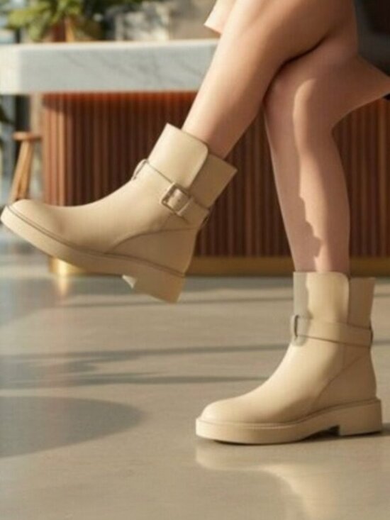 Vince Shoes - Vince Kaelyn Water Resistant Dune Beige Chunky Heel Moto Combat Boot, Size 8.5